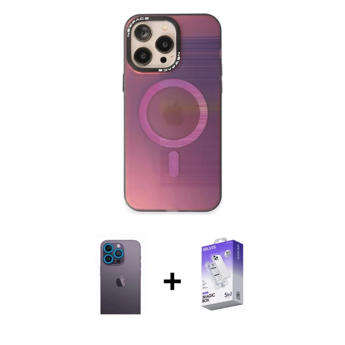MARSİLYAN™- iPhone 13 Pro Max Kılıf Siluet Modern Koleksiyonu - Siyah Bilvis 5in1 3D Magic Cam Ekran Koruyucu + Neon Fosforlu Kamera Lens - MI