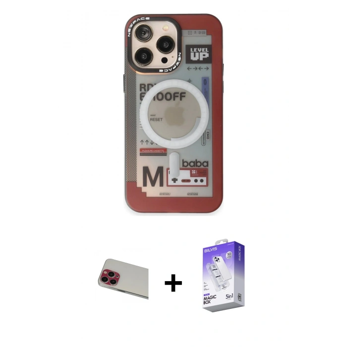 MARSİLYAN™- iPhone 13 Pro Max Kılıf Siluet Modern Koleksiyonu - Siyah Bilvis 5in1 3D Magic Cam Ekran Koruyucu + Rainbow Kamera Lens Koruma Cam - KI