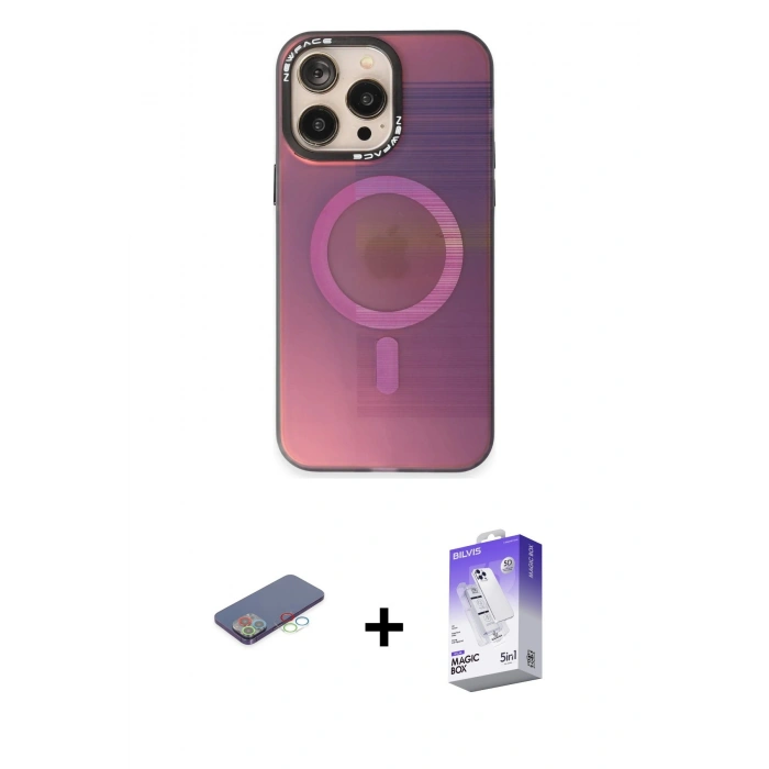 MARSİLYAN™- iPhone 13 Pro Max Kılıf Siluet Modern Koleksiyonu - Siyah Bilvis 5in1 3D Magic Cam Ekran Koruyucu + Renkli Kamera Lens Koruma Cam - MI