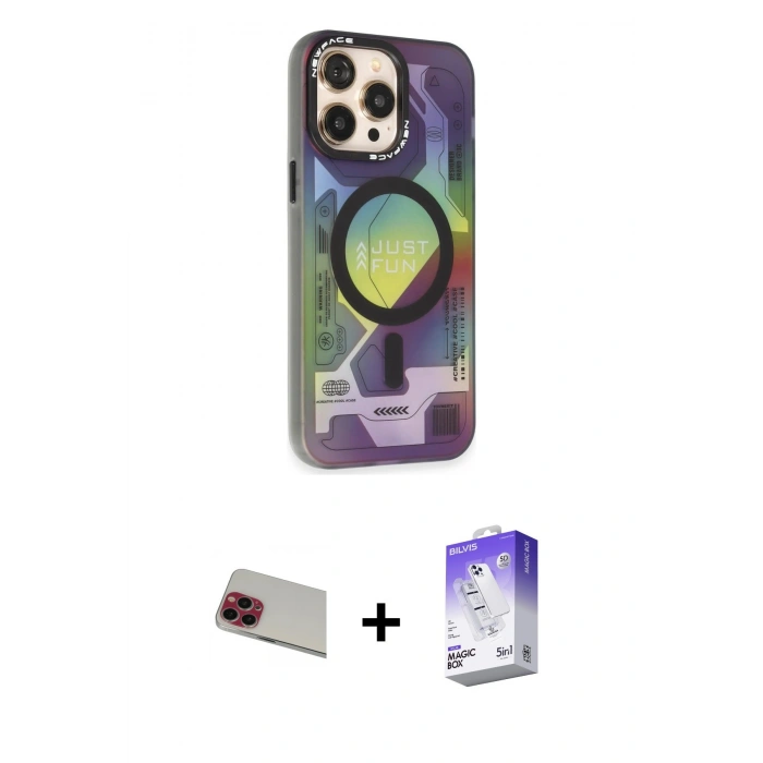 MARSİLYAN™- iPhone 13 Pro Max Kılıf Siluet Modern Koleksiyonu - Siyah Bilvis 5in1 3D Magic Cam Ekran Koruyucu + Rainbow Kamera Lens Koruma Cam - KI
