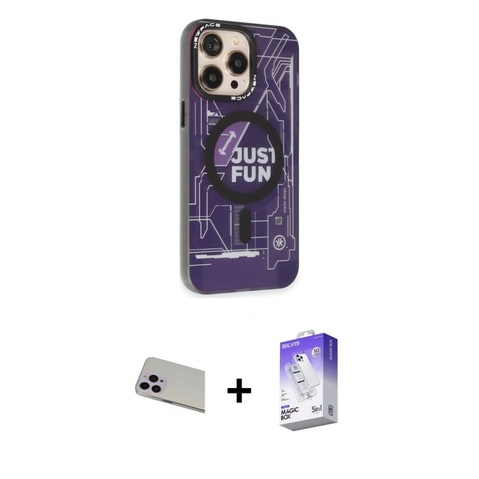 MARSİLYAN™- iPhone 13 Pro Max Kılıf Siluet Modern Koleksiyonu - Siyah Bilvis 5in1 3D Magic Cam Ekran Koruyucu + Mor Rainbow Kamera Lens Koruma Cam