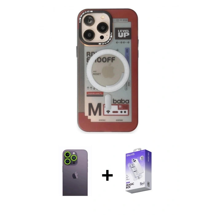 MARSİLYAN™- iPhone 13 Pro Max Kılıf Siluet Modern Koleksiyonu - Siyah Bilvis 5in1 3D Magic Cam Ekran Koruyucu + Yeşil Neon Fosforlu Kamera Lens