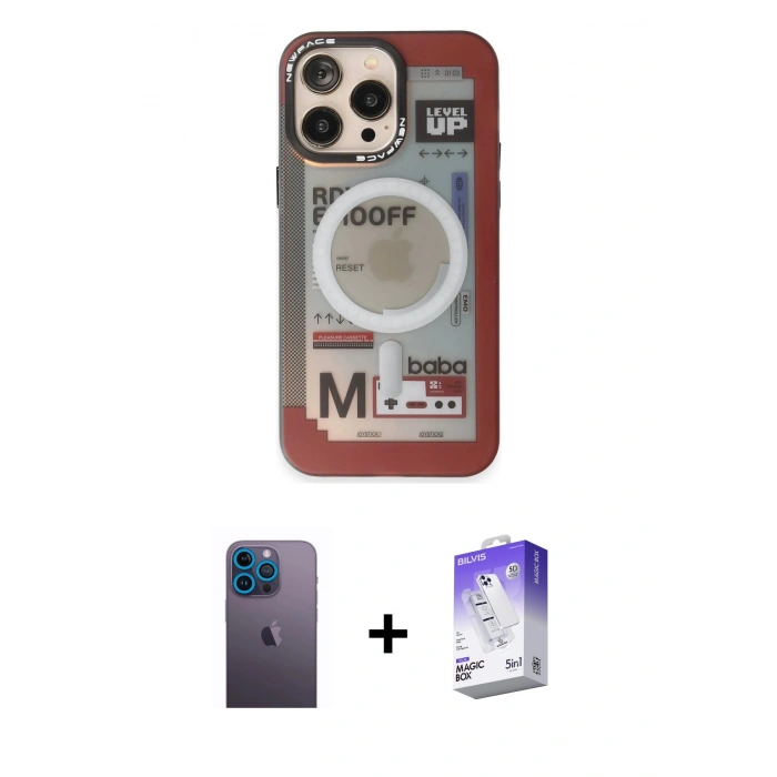 MARSİLYAN™- iPhone 13 Pro Max Kılıf Siluet Modern Koleksiyonu - Siyah Bilvis 5in1 3D Magic Cam Ekran Koruyucu + Neon Fosforlu Kamera Lens - MI