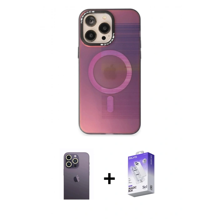 MARSİLYAN™- iPhone 13 Pro Max Kılıf Siluet Modern Koleksiyonu - Siyah Bilvis 5in1 3D Magic Cam Ekran Koruyucu + Neon Fosforlu Kamera Lens - BZ