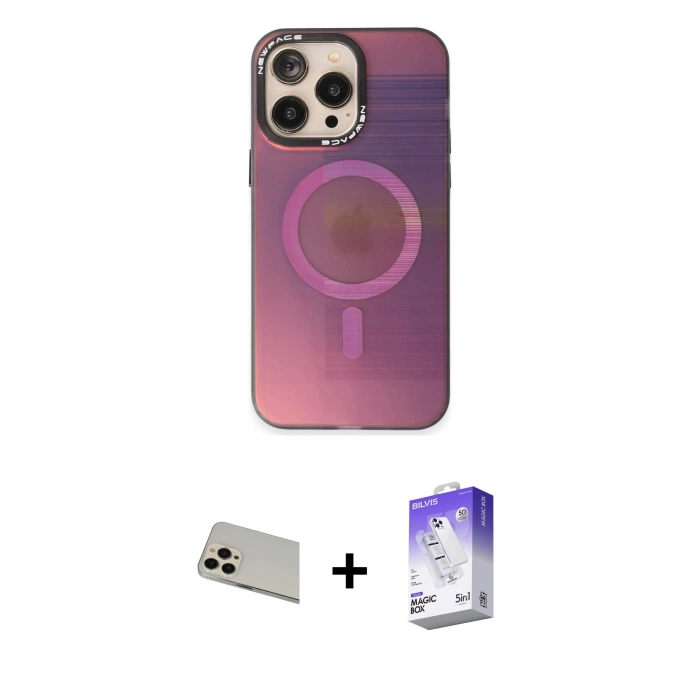 MARSİLYAN™- iPhone 13 Pro Max Kılıf Siluet Modern Koleksiyonu - Siyah Bilvis 5in1 3D Magic Cam Ekran Koruyucu + Rainbow Kamera Lens Koruma Cam - REGD