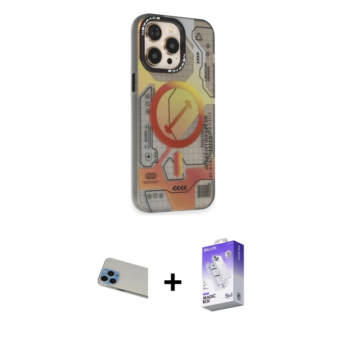 MARSİLYAN™- iPhone 13 Pro Max Kılıf Siluet Modern Koleksiyonu - Siyah Bilvis 5in1 3D Magic Cam Ekran Koruyucu + Rainbow Kamera Lens Koruma Cam - MI