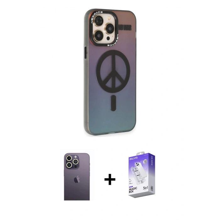 MARSİLYAN™- iPhone 13 Pro Max Kılıf Siluet Modern Koleksiyonu - Siyah Bilvis 5in1 3D Magic Cam Ekran Koruyucu + Neon Fosforlu Kamera Lens - BZ