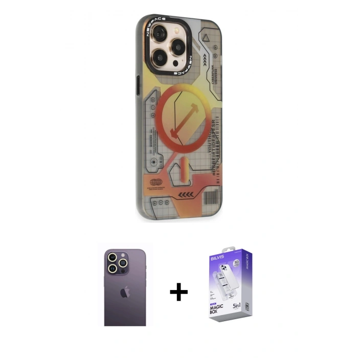 MARSİLYAN™- iPhone 13 Pro Max Kılıf Siluet Modern Koleksiyonu - Siyah Bilvis 5in1 3D Magic Cam Ekran Koruyucu + Neon Fosforlu Kamera Lens - BZ