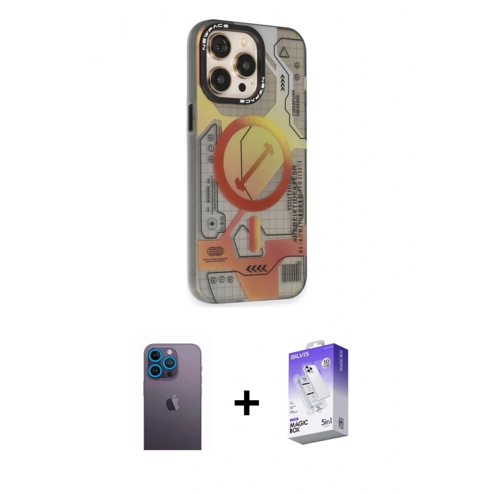 MARSİLYAN™- iPhone 13 Pro Max Kılıf Siluet Modern Koleksiyonu - Siyah Bilvis 5in1 3D Magic Cam Ekran Koruyucu + Neon Fosforlu Kamera Lens - MI