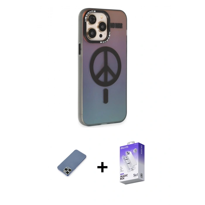 MARSİLYAN™- iPhone 13 Pro Max Kılıf Siluet Modern Koleksiyonu - Siyah Bilvis 5in1 3D Magic Cam Ekran Koruyucu + Açık Yeşil Metal Kamera Lens Koruma Cam