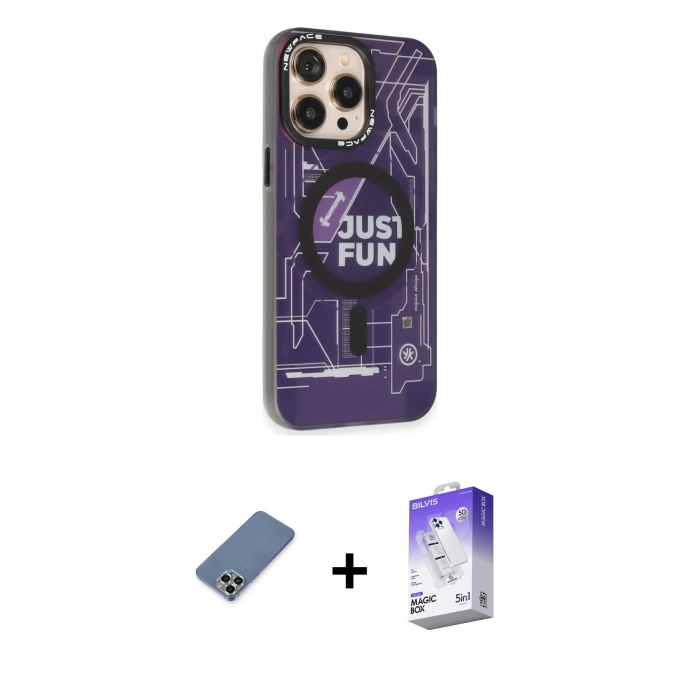 MARSİLYAN™- iPhone 13 Pro Max Kılıf Siluet Modern Koleksiyonu - Siyah Bilvis 5in1 3D Magic Cam Ekran Koruyucu + Açık Yeşil Metal Kamera Lens Koruma Cam