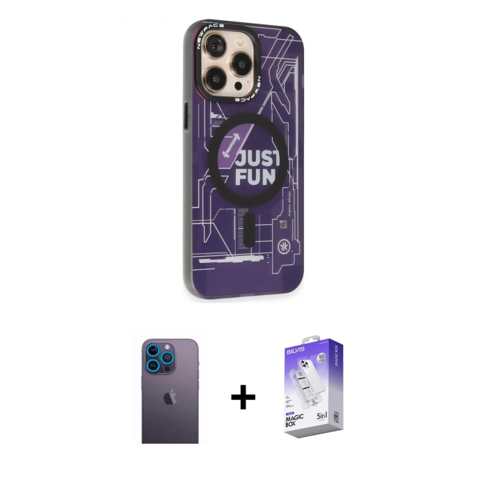 MARSİLYAN™- iPhone 13 Pro Max Kılıf Siluet Modern Koleksiyonu - Siyah Bilvis 5in1 3D Magic Cam Ekran Koruyucu + Neon Fosforlu Kamera Lens - MI