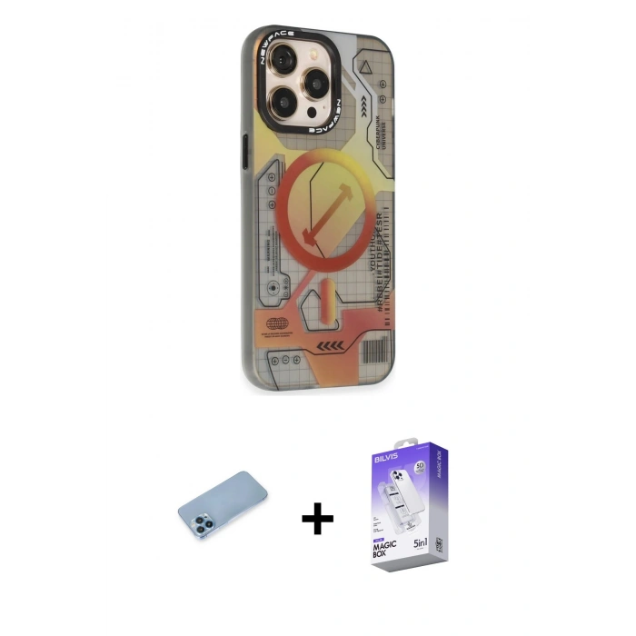 MARSİLYAN™- iPhone 13 Pro Max Kılıf Siluet Modern Koleksiyonu - Siyah Bilvis 5in1 3D Magic Cam Ekran Koruyucu + Shine Kamera Lens Koruma Cam - MI