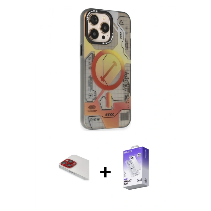 MARSİLYAN™- iPhone 13 Pro Max Kılıf Siluet Modern Koleksiyonu - Siyah Bilvis 5in1 3D Magic Cam Ekran Koruyucu + Pers Alüminyum Kamera Lens - KI