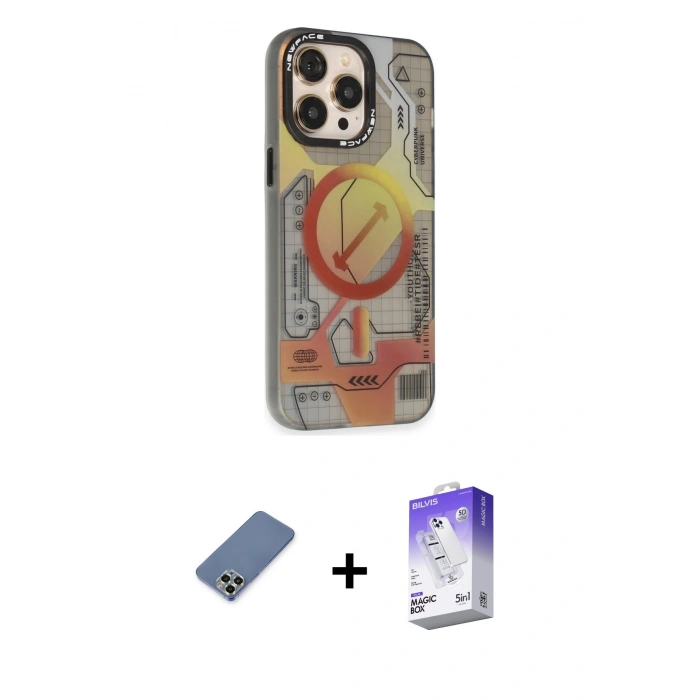 MARSİLYAN™- iPhone 13 Pro Max Kılıf Siluet Modern Koleksiyonu - Siyah Bilvis 5in1 3D Magic Cam Ekran Koruyucu + Açık Yeşil Metal Kamera Lens Koruma Cam