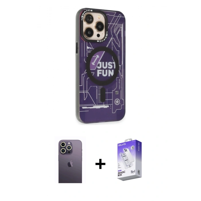 MARSİLYAN™- iPhone 13 Pro Max Kılıf Siluet Modern Koleksiyonu - Siyah Bilvis 5in1 3D Magic Cam Ekran Koruyucu + Neon Fosforlu Kamera Lens - BZ