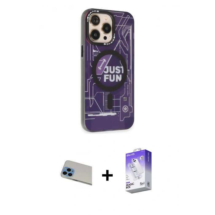 MARSİLYAN™- iPhone 13 Pro Max Kılıf Siluet Modern Koleksiyonu - Siyah Bilvis 5in1 3D Magic Cam Ekran Koruyucu + Rainbow Kamera Lens Koruma Cam - MI