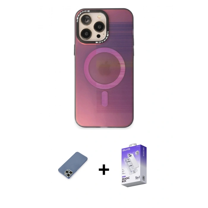 MARSİLYAN™- iPhone 13 Pro Max Kılıf Siluet Modern Koleksiyonu - Siyah Bilvis 5in1 3D Magic Cam Ekran Koruyucu + Açık Yeşil Metal Kamera Lens Koruma Cam