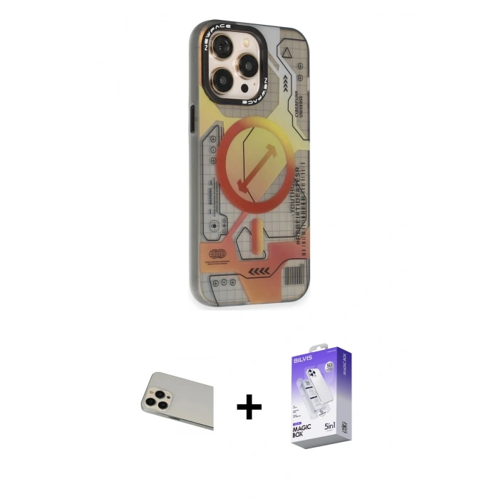 MARSİLYAN™- iPhone 13 Pro Max Kılıf Siluet Modern Koleksiyonu - Siyah Bilvis 5in1 3D Magic Cam Ekran Koruyucu + Rainbow Kamera Lens Koruma Cam - REGD