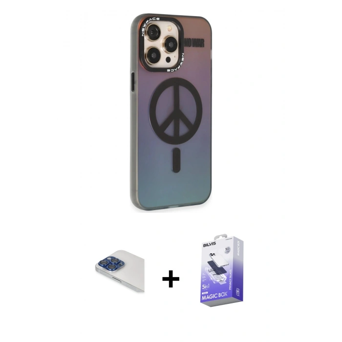 MARSİLYAN™- iPhone 13 Pro Max Kılıf Siluet Modern Koleksiyonu - Siyah Bilvis 5in1 5D Magic Hayalet Cam Ekran Koruyucu + Lacivert Pers Alüminyum Kamera Lens