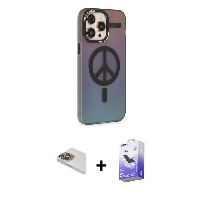 MARSİLYAN™- iPhone 13 Pro Max Kılıf Siluet Modern Koleksiyonu - Siyah Bilvis 5in1 5D Magic Hayalet Cam Ekran Koruyucu + Pers Alüminyum Kamera Lens - GD
