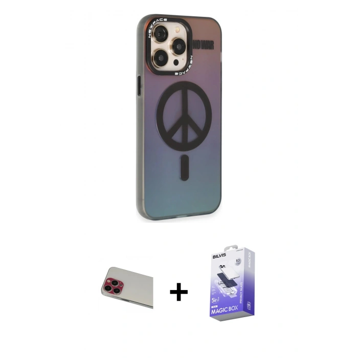 MARSİLYAN™- iPhone 13 Pro Max Kılıf Siluet Modern Koleksiyonu - Siyah Bilvis 5in1 5D Magic Hayalet Cam Ekran Koruyucu + Rainbow Kamera Lens Koruma Cam - KI