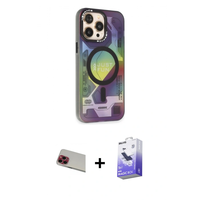 MARSİLYAN™- iPhone 13 Pro Max Kılıf Siluet Modern Koleksiyonu - Siyah Bilvis 5in1 5D Magic Hayalet Cam Ekran Koruyucu + Rainbow Kamera Lens Koruma Cam - KI