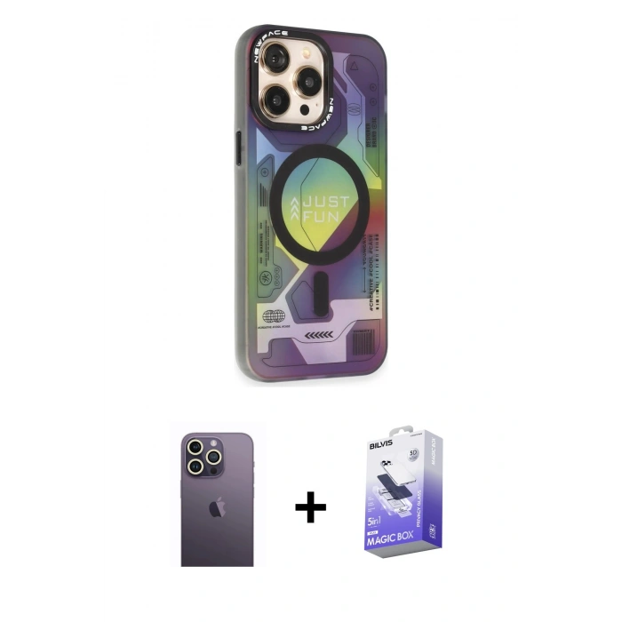 MARSİLYAN™- iPhone 13 Pro Max Kılıf Siluet Modern Koleksiyonu - Siyah Bilvis 5in1 5D Magic Hayalet Cam Ekran Koruyucu + Neon Fosforlu Kamera Lens - BZ