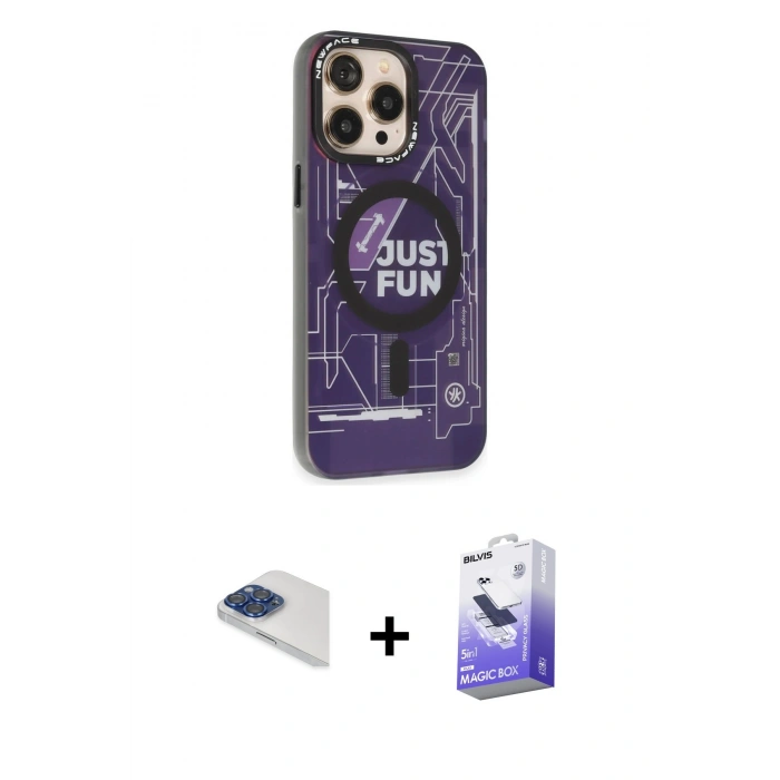 MARSİLYAN™- iPhone 13 Pro Max Kılıf Siluet Modern Koleksiyonu - Siyah Bilvis 5in1 5D Magic Hayalet Cam Ekran Koruyucu + Lacivert Pers Alüminyum Kamera Lens