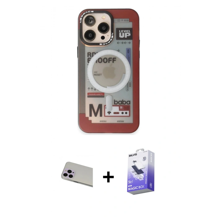 MARSİLYAN™- iPhone 13 Pro Max Kılıf Siluet Modern Koleksiyonu - Siyah Bilvis 5in1 5D Magic Hayalet Cam Ekran Koruyucu + Rainbow Kamera Lens Koruma Cam - MR