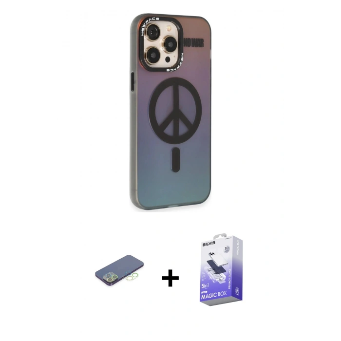 MARSİLYAN™- iPhone 13 Pro Max Kılıf Siluet Modern Koleksiyonu - Siyah Bilvis 5in1 5D Magic Hayalet Cam Ekran Koruyucu + Renkli Kamera Lens Koruma Cam - YL
