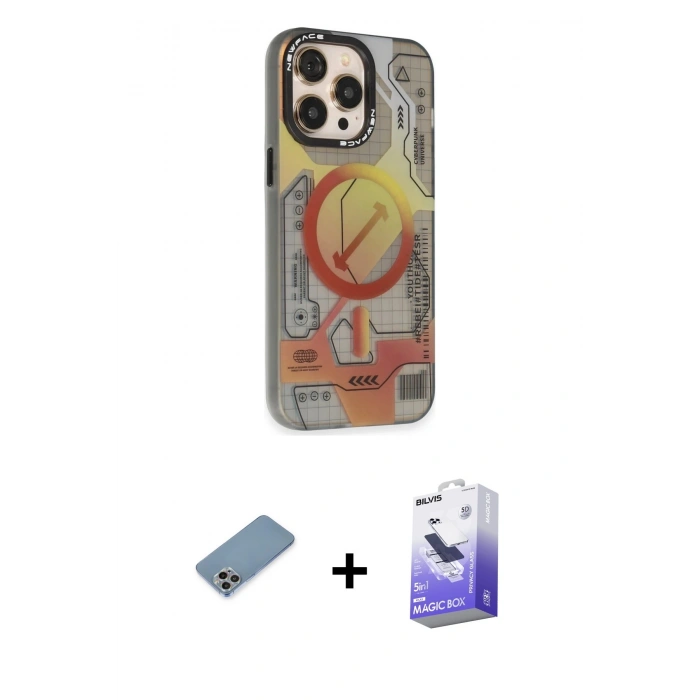 MARSİLYAN™- iPhone 13 Pro Max Kılıf Siluet Modern Koleksiyonu - Siyah Bilvis 5in1 5D Magic Hayalet Cam Ekran Koruyucu + Shine Kamera Lens Koruma Cam - GI
