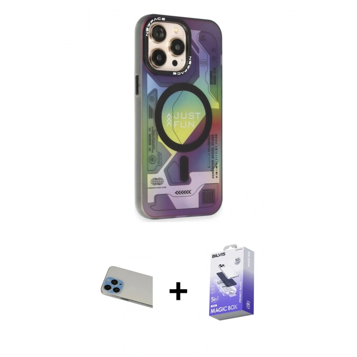 MARSİLYAN™- iPhone 13 Pro Max Kılıf Siluet Modern Koleksiyonu - Siyah Bilvis 5in1 5D Magic Hayalet Cam Ekran Koruyucu + Rainbow Kamera Lens Koruma Cam - MI
