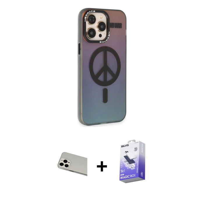 MARSİLYAN™- iPhone 13 Pro Max Kılıf Siluet Modern Koleksiyonu - Siyah Bilvis 5in1 5D Magic Hayalet Cam Ekran Koruyucu + Beyaz Rainbow Kamera Lens Koruma Cam