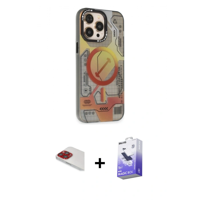 MARSİLYAN™- iPhone 13 Pro Max Kılıf Siluet Modern Koleksiyonu - Siyah Bilvis 5in1 5D Magic Hayalet Cam Ekran Koruyucu + Pers Alüminyum Kamera Lens - KI