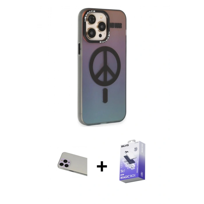 MARSİLYAN™- iPhone 13 Pro Max Kılıf Siluet Modern Koleksiyonu - Siyah Bilvis 5in1 5D Magic Hayalet Cam Ekran Koruyucu + Rainbow Kamera Lens Koruma Cam - MR