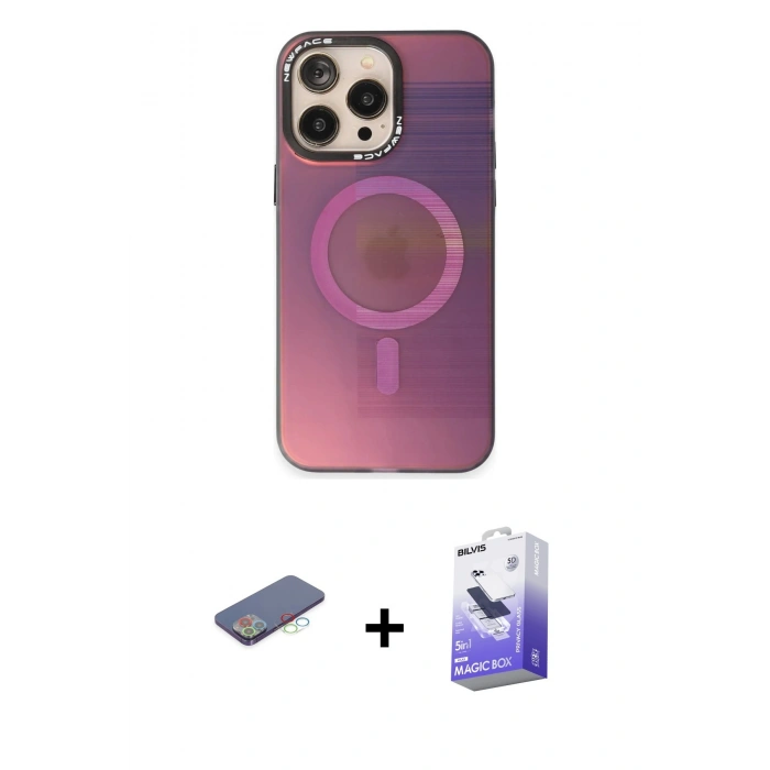 MARSİLYAN™- iPhone 13 Pro Max Kılıf Siluet Modern Koleksiyonu - Siyah Bilvis 5in1 5D Magic Hayalet Cam Ekran Koruyucu + Mavi Renkli Kamera Lens Koruma Cam