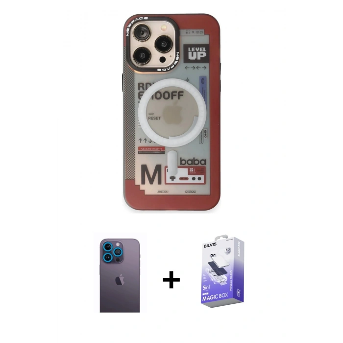 MARSİLYAN™- iPhone 13 Pro Max Kılıf Siluet Modern Koleksiyonu - Siyah Bilvis 5in1 5D Magic Hayalet Cam Ekran Koruyucu + Mavi Neon Fosforlu Kamera Lens