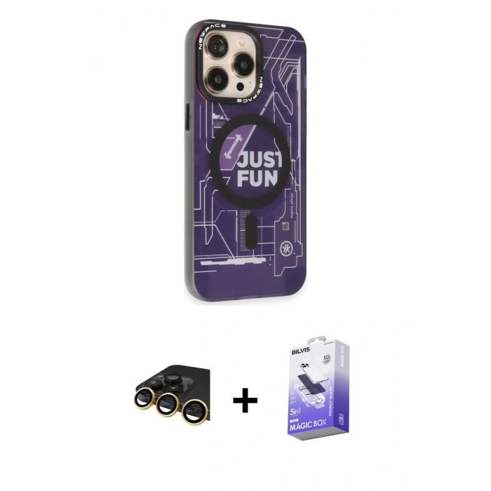 MARSİLYAN™- iPhone 13 Pro Max Kılıf Siluet Modern Koleksiyonu - Siyah Bilvis 5in1 5D Magic Hayalet Cam Ekran Koruyucu + Raze Metal Kamera Lens - GD