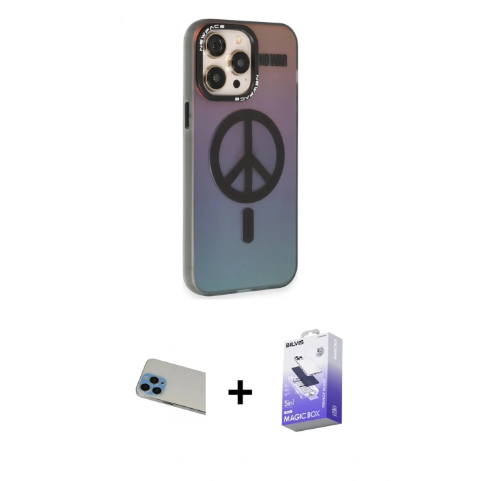 MARSİLYAN™- iPhone 13 Pro Max Kılıf Siluet Modern Koleksiyonu - Siyah Bilvis 5in1 5D Magic Hayalet Cam Ekran Koruyucu + Rainbow Kamera Lens Koruma Cam - MI