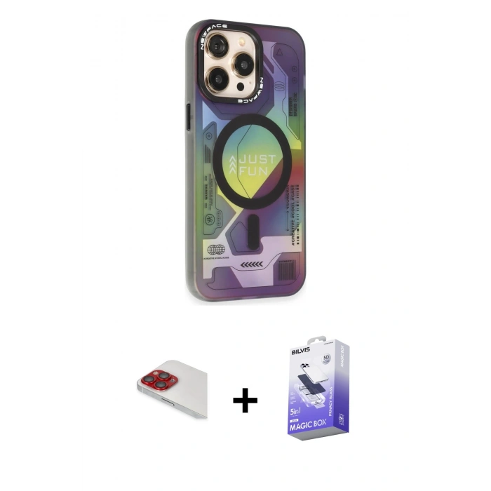 MARSİLYAN™- iPhone 13 Pro Max Kılıf Siluet Modern Koleksiyonu - Siyah Bilvis 5in1 5D Magic Hayalet Cam Ekran Koruyucu + Pers Alüminyum Kamera Lens - KI
