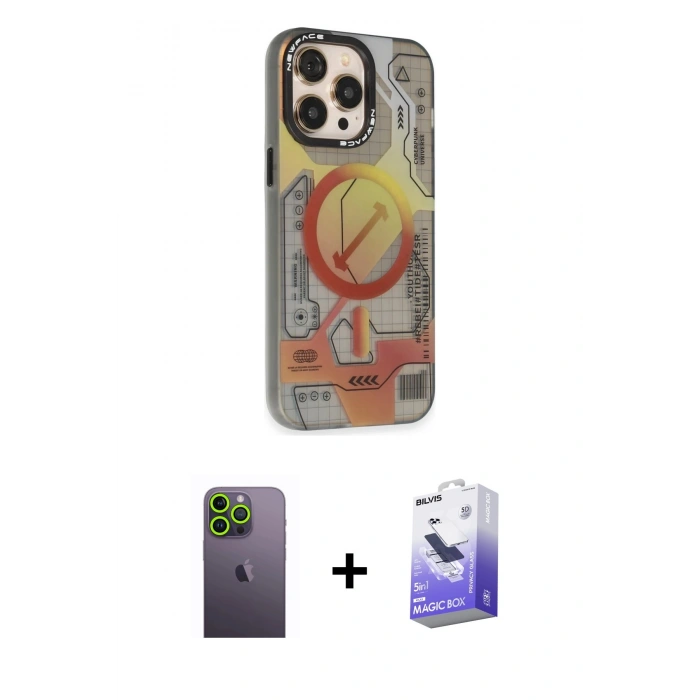MARSİLYAN™- iPhone 13 Pro Max Kılıf Siluet Modern Koleksiyonu - Siyah Bilvis 5in1 5D Magic Hayalet Cam Ekran Koruyucu + Neon Fosforlu Kamera Lens - YL