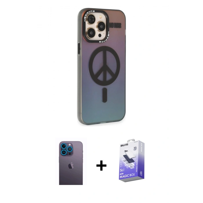 MARSİLYAN™- iPhone 13 Pro Max Kılıf Siluet Modern Koleksiyonu - Siyah Bilvis 5in1 5D Magic Hayalet Cam Ekran Koruyucu + Mavi Neon Fosforlu Kamera Lens