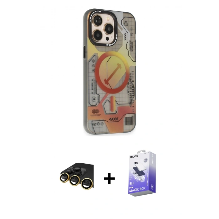 MARSİLYAN™- iPhone 13 Pro Max Kılıf Siluet Modern Koleksiyonu - Siyah Bilvis 5in1 5D Magic Hayalet Cam Ekran Koruyucu + Raze Metal Kamera Lens - GD