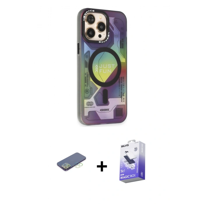 MARSİLYAN™- iPhone 13 Pro Max Kılıf Siluet Modern Koleksiyonu - Siyah Bilvis 5in1 5D Magic Hayalet Cam Ekran Koruyucu + Renkli Kamera Lens Koruma Cam - YL