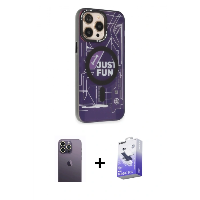 MARSİLYAN™- iPhone 13 Pro Max Kılıf Siluet Modern Koleksiyonu - Siyah Bilvis 5in1 5D Magic Hayalet Cam Ekran Koruyucu + Neon Fosforlu Kamera Lens - BZ
