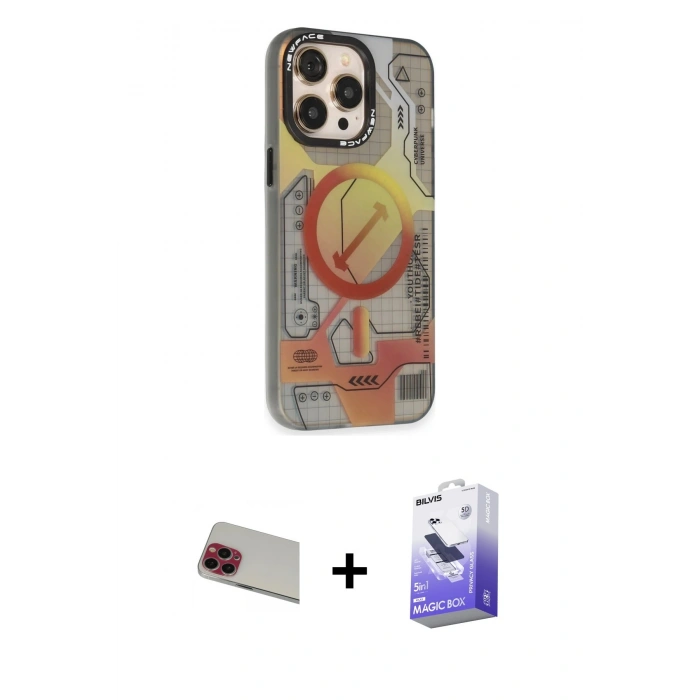 MARSİLYAN™- iPhone 13 Pro Max Kılıf Siluet Modern Koleksiyonu - Siyah Bilvis 5in1 5D Magic Hayalet Cam Ekran Koruyucu + Rainbow Kamera Lens Koruma Cam - KI