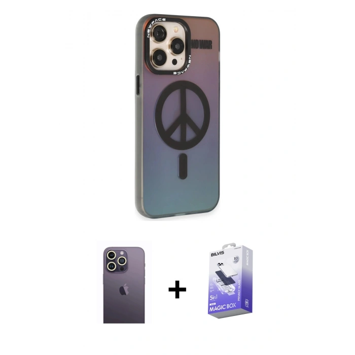 MARSİLYAN™- iPhone 13 Pro Max Kılıf Siluet Modern Koleksiyonu - Siyah Bilvis 5in1 5D Magic Hayalet Cam Ekran Koruyucu + Neon Fosforlu Kamera Lens - BZ