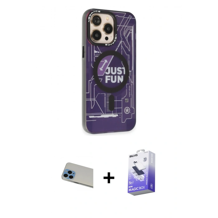 MARSİLYAN™- iPhone 13 Pro Max Kılıf Siluet Modern Koleksiyonu - Siyah Bilvis 5in1 5D Magic Hayalet Cam Ekran Koruyucu + Rainbow Kamera Lens Koruma Cam - MI