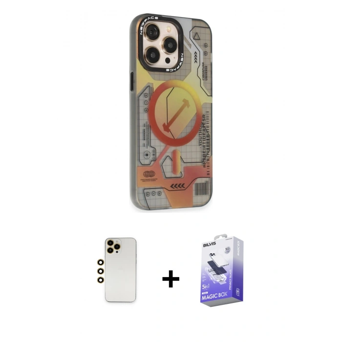 MARSİLYAN™- iPhone 13 Pro Max Kılıf Siluet Modern Koleksiyonu - Siyah Bilvis 5in1 5D Magic Hayalet Cam Ekran Koruyucu + Shine Kamera Lens - GD